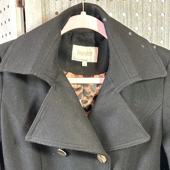 Wool Coat, Laundry By Shelli Segal Black Skirted with Gold Accents, Size M. - Picture 4 of 8
